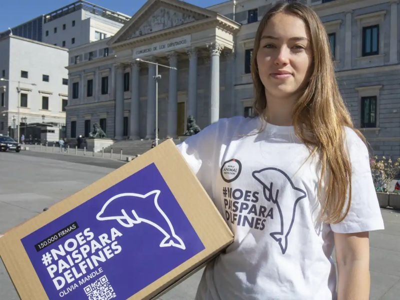 Una chica parada frente al parlamento español. Es Olivia Mandle, activista por los derechos de los delfines. Sostiene una caja con las firmas que junto en su campaña