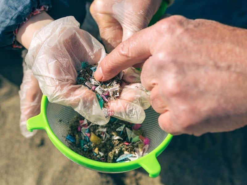 Unas manos soteniendo un colador en la playa. Entre la arena juntada con el colador se ven muchos microplásticos