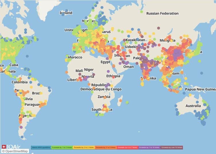 mapa que muestra las zonas con mayor contaminación del aire