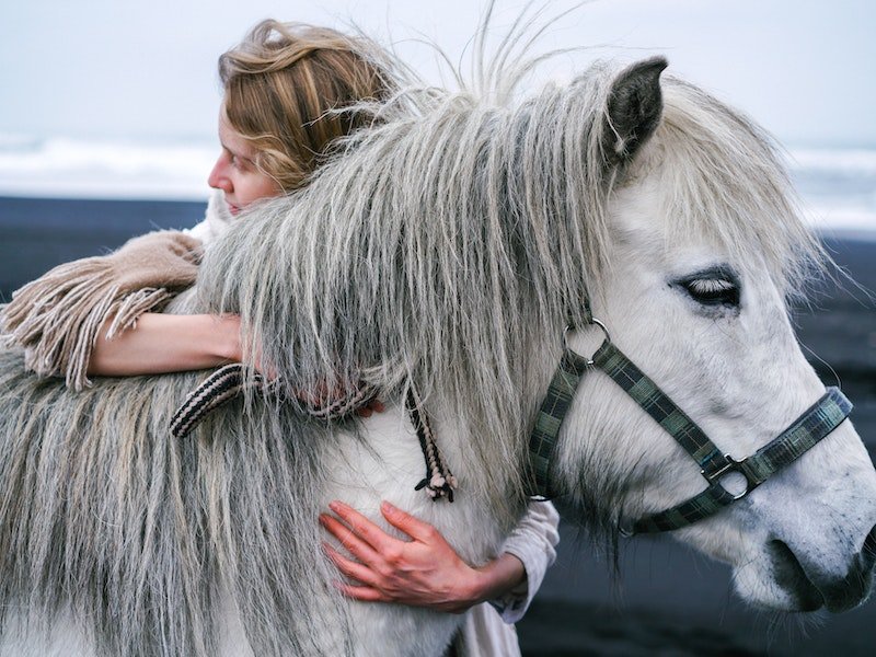 Una mujer abraza a un caballo