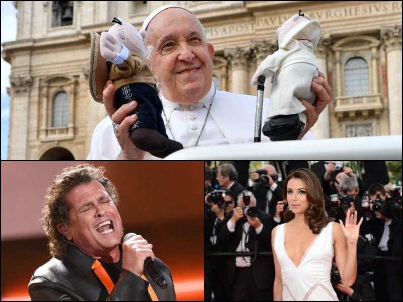 Collage del Papa Francisco, Carlos Vives y Eva Longoria.