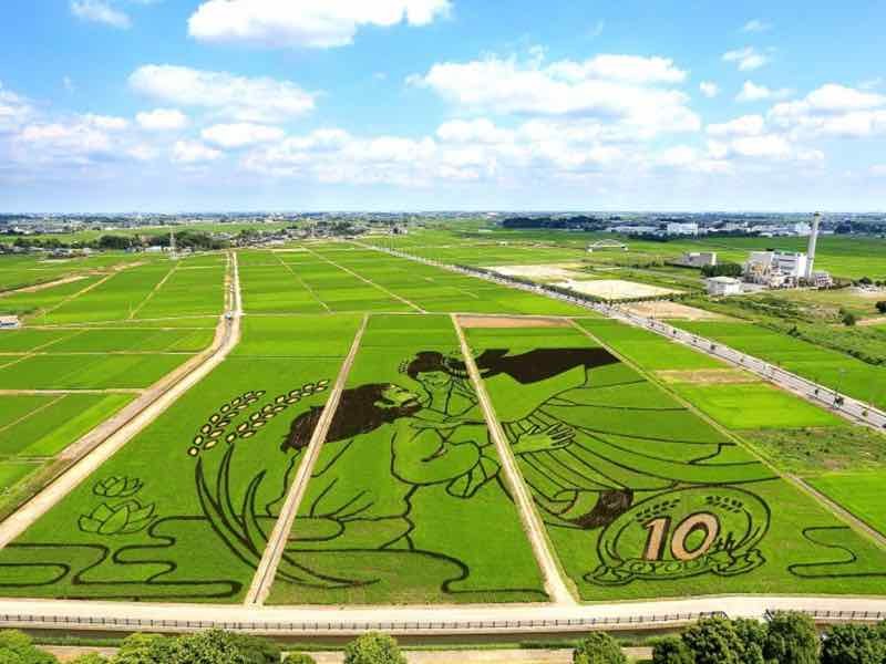 Arte Tambo japonés. "Inada Hime-no-mikoto y Susano-no-mikoto" en campos de arroz.