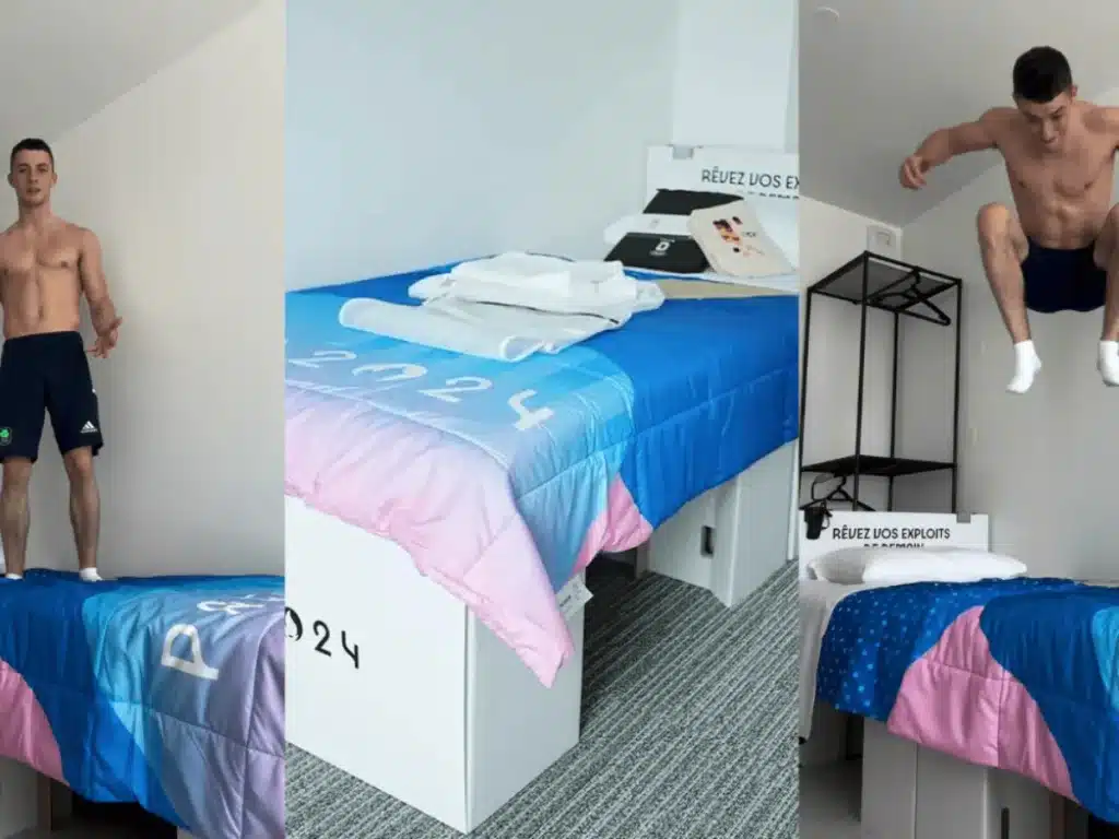 Camas de cartón que no soportan 2 personas: así son las que alberga la Villa Olímpica.