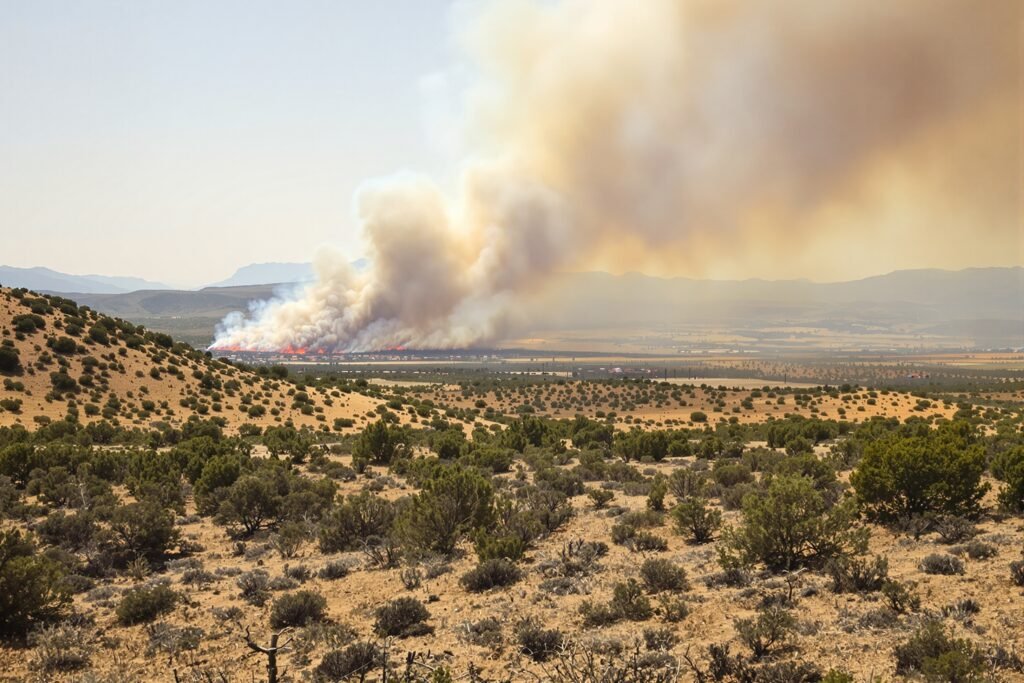 Paisaje afectado por incendios forestales en España bajo humo denso, evidencia del cambio climático y riesgo de incendios ext