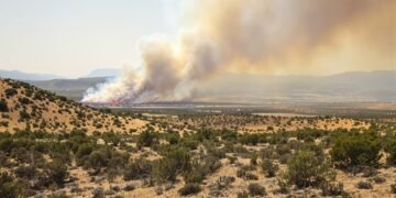 Paisaje afectado por incendios forestales en España bajo humo denso, evidencia del cambio climático y riesgo de incendios ext