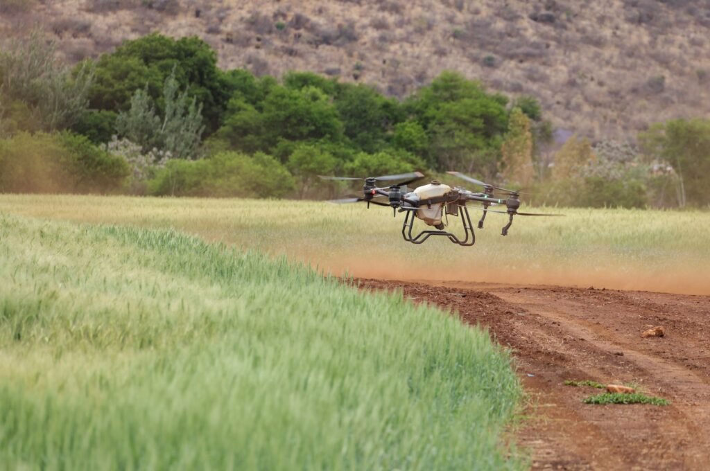Dron agrícola sobrevolando un campo de cultivos en plena operación de fumigación.