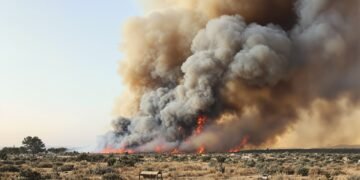 Humo denso se eleva sobre un bosque afectado por incendios forestales en la península ibérica.