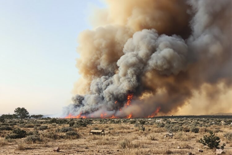 Humo denso se eleva sobre un bosque afectado por incendios forestales en la península ibérica.