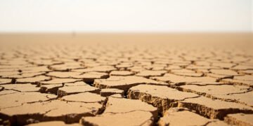 Tierra agrietada por sequía extrema y ola de calor, evidencia del impacto del calor extremo en los ecosistemas.