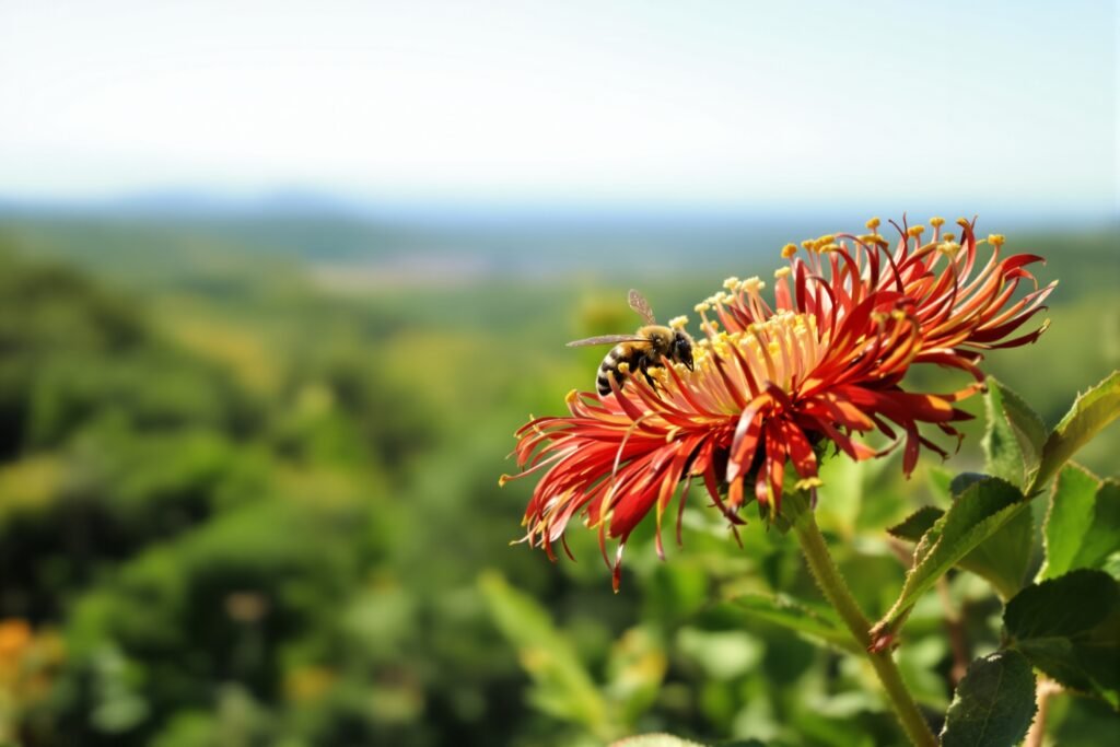 Abeja nativa polinizando una flor en la selva amazónica, hábitat natural del camu-camu.