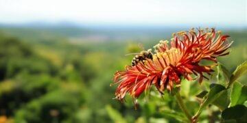 Abeja nativa polinizando una flor en la selva amazónica, hábitat natural del camu-camu.