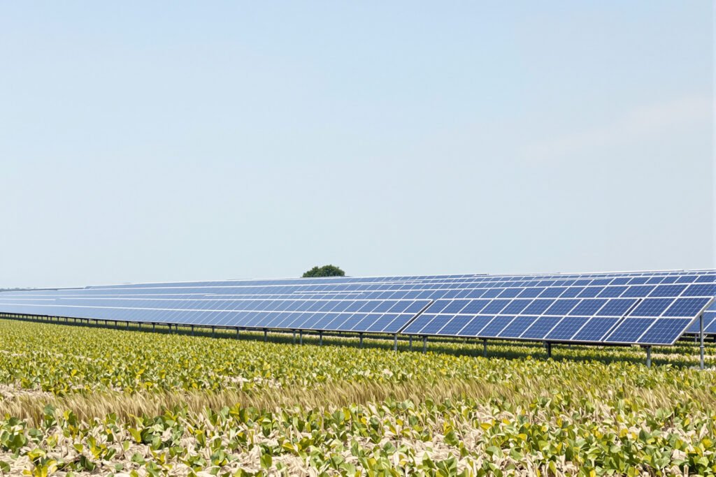 Paneles solares instalados sobre hileras de cultivos en un campo agrícola bajo luz diurna