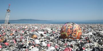 Dispositivo de pesca abandonado flotando en aguas tropicales cerca de arrecifes de coral.