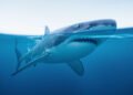 Tiburón nadando en aguas oceánicas, especie amenazada por falta de protección efectiva en reservas marinas.