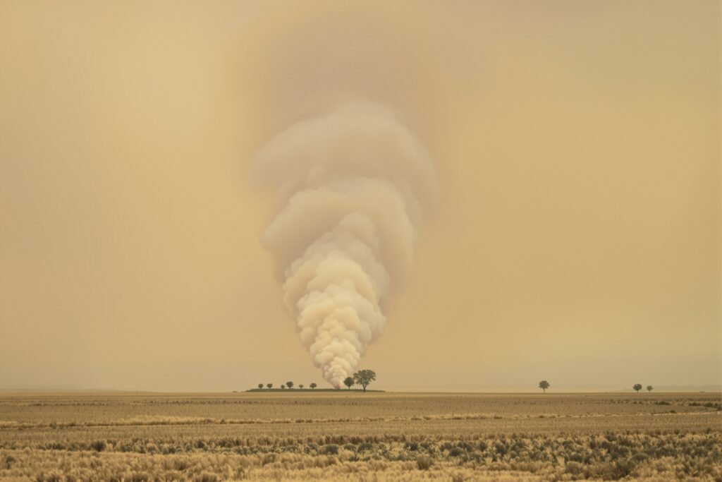 Columna de humo de incendio forestal en paisaje europeo, ilustrando el impacto del cambio abrupto de clima en Francia y Españ