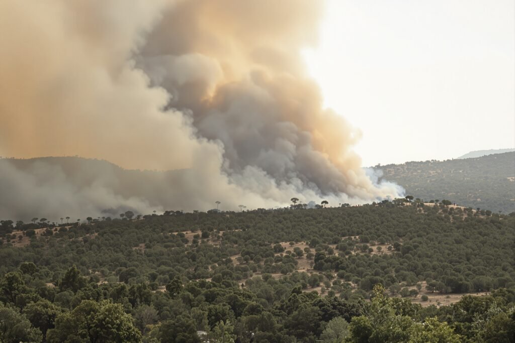 Paisaje de incendio forestal con humo denso cubriendo bosques en España durante la ola de calor extrema.
