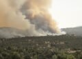 Paisaje de incendio forestal con humo denso cubriendo bosques en España durante la ola de calor extrema.