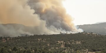 Paisaje de incendio forestal con humo denso cubriendo bosques en España durante la ola de calor extrema.
