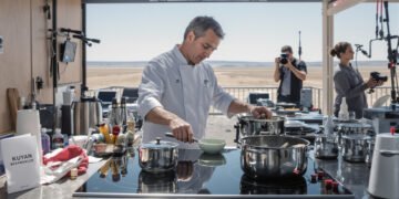 Chef profesional cocinando en cocina moderna con tecnología de inducción eléctrica.