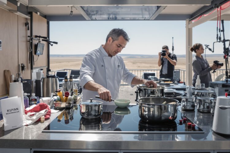 Chef profesional cocinando en cocina moderna con tecnología de inducción eléctrica.