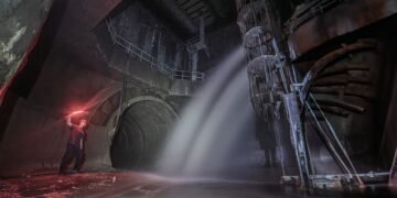 Interior de mina de carbón abandonada con agua acumulada, similar a las reconvertidas en Xuzhou para refrigeración.
