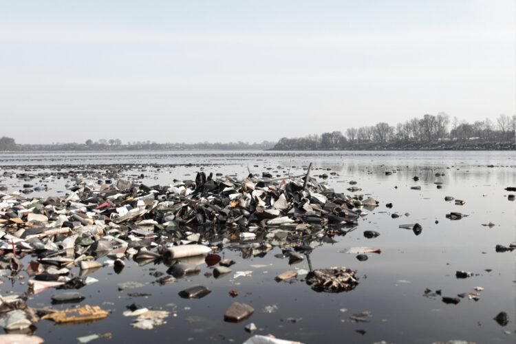 Residuos y desechos en un tramo de río inglés afectado por contaminación química persistente.