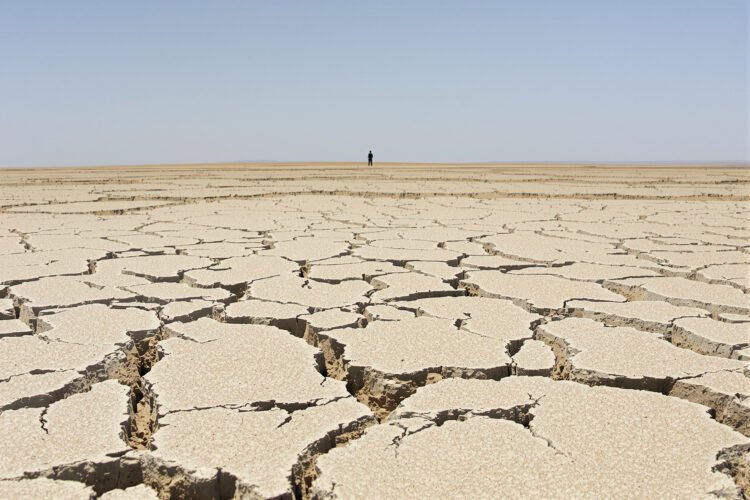 Tierra agrietada por sequía extrema, fenómeno que afecta a 2.300 millones de personas en el mundo.