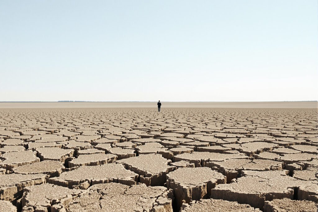 Tierra agrietada por sequía en el campo francés durante una ola de calor extrema.
