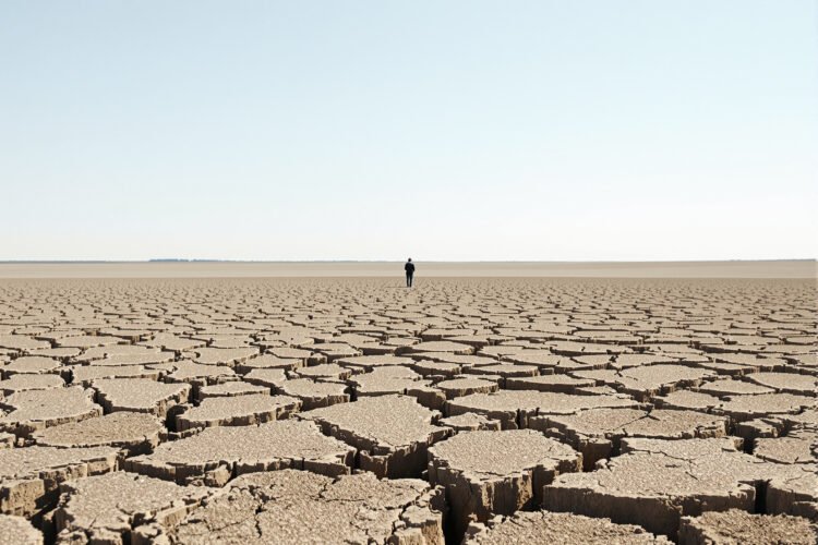 Tierra agrietada por sequía en el campo francés durante una ola de calor extrema.