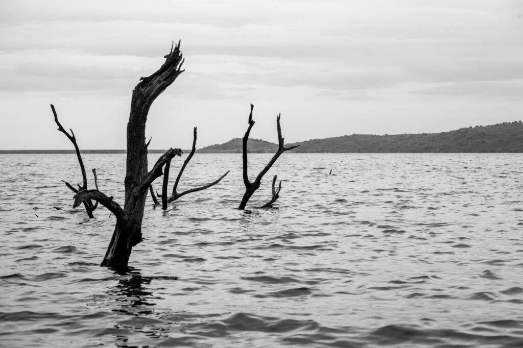 Vista de la represa de Kariba con niveles bajos de agua durante la sequía en África austral.