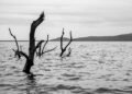 Vista de la represa de Kariba con niveles bajos de agua durante la sequía en África austral.