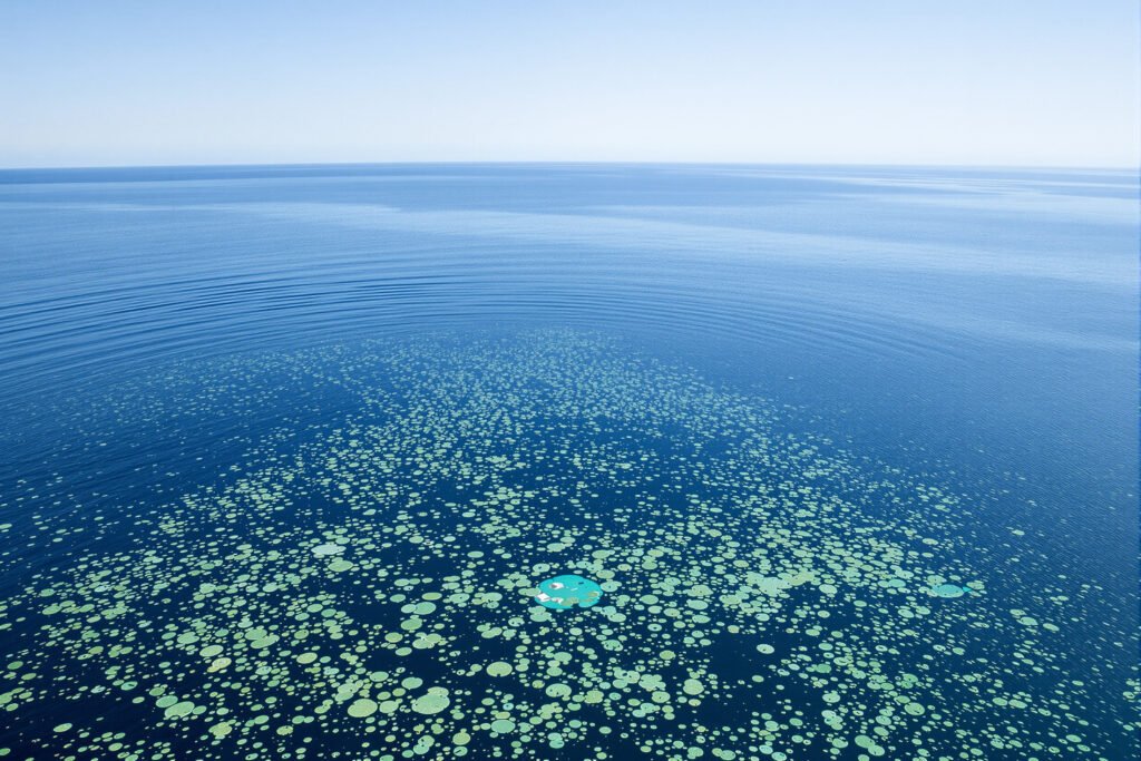 Vista satelital de concentraciones de fitoplancton en el océano Pacífico, mostrando variaciones de clorofila superficial dura
