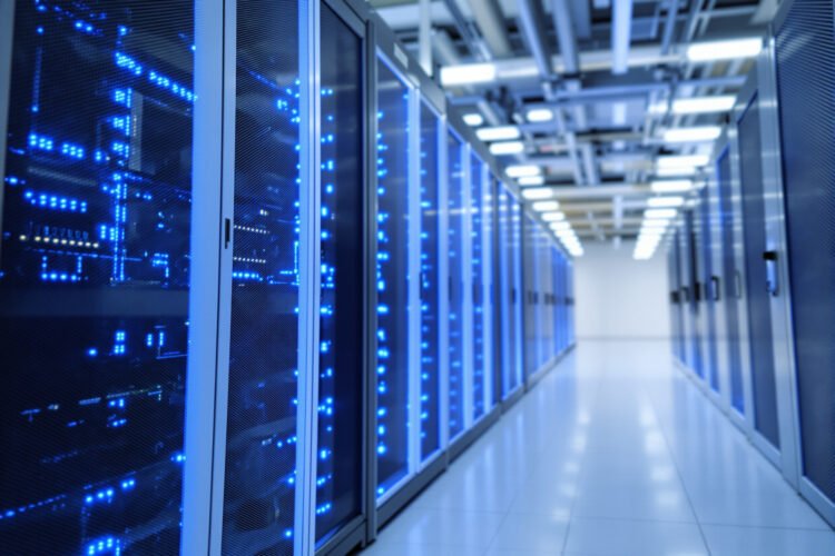 Pasillo de servidores en un centro de datos moderno con iluminación azul.