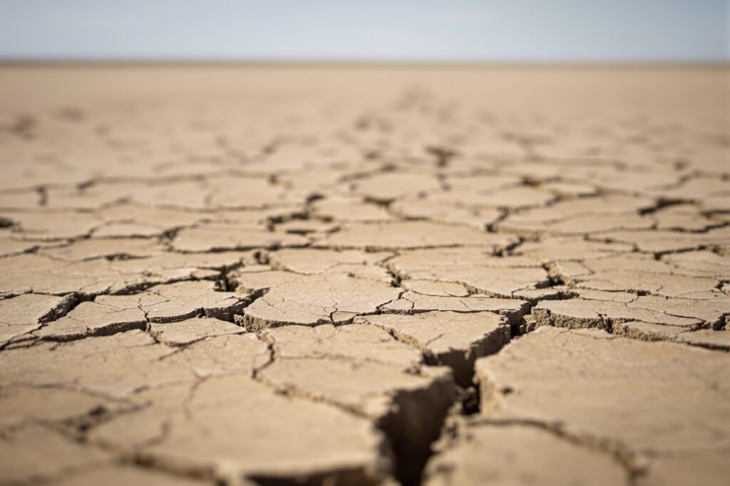Tierra agrietada por sequía extrema bajo el sol intenso, imagen representativa del calor extremo proyectado.