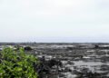 Paisaje de Hawaii tras el paso del huracán Lala, con inundaciones y deslaves visibles en la costa.