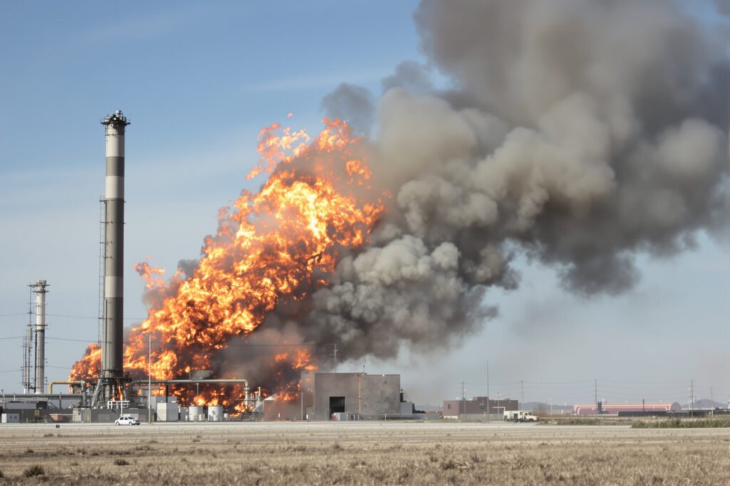 Columna de humo elevándose desde un incendio industrial en zona petrolera.