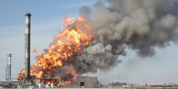 Columna de humo elevándose desde un incendio industrial en zona petrolera.