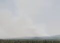 Humo denso de incendios forestales en bosques boreales de Canadá bajo cielo anaranjado.