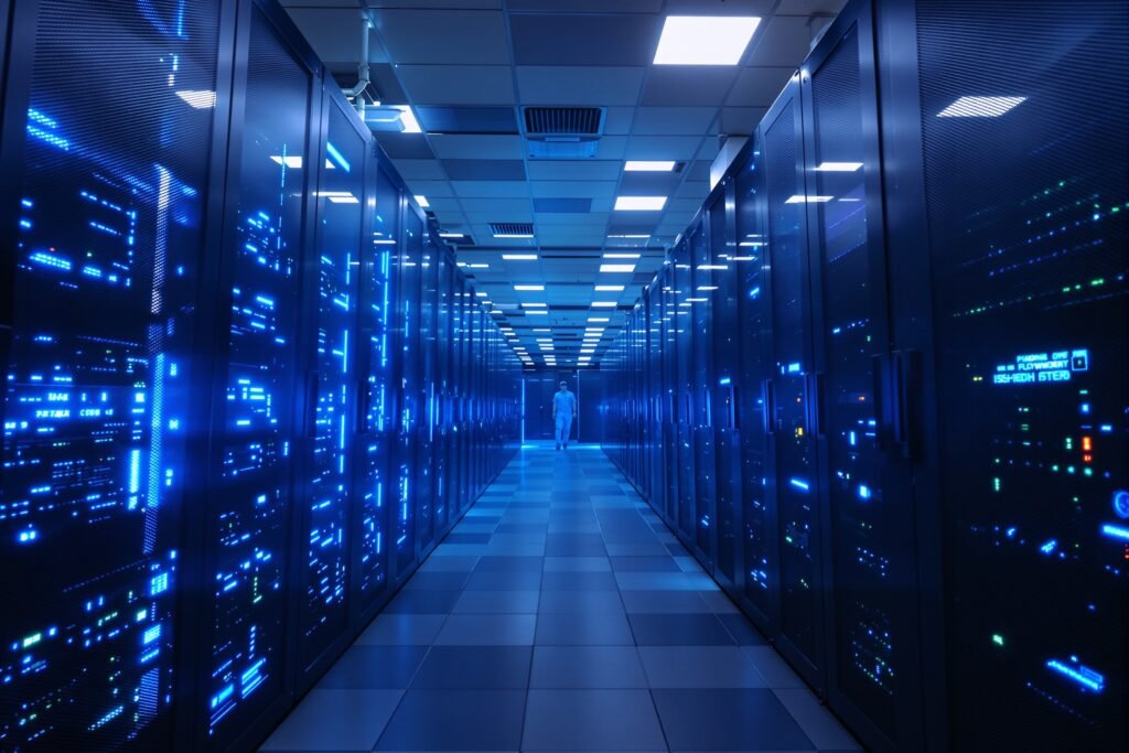 Centro de datos con servidores iluminados, infraestructura clave para la inteligencia artificial y el consumo eléctrico mundi