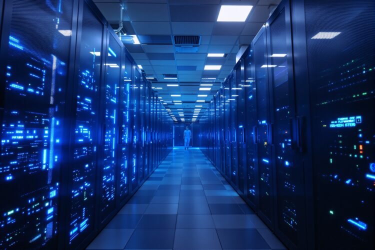 Centro de datos con servidores iluminados, infraestructura clave para la inteligencia artificial y el consumo eléctrico mundi