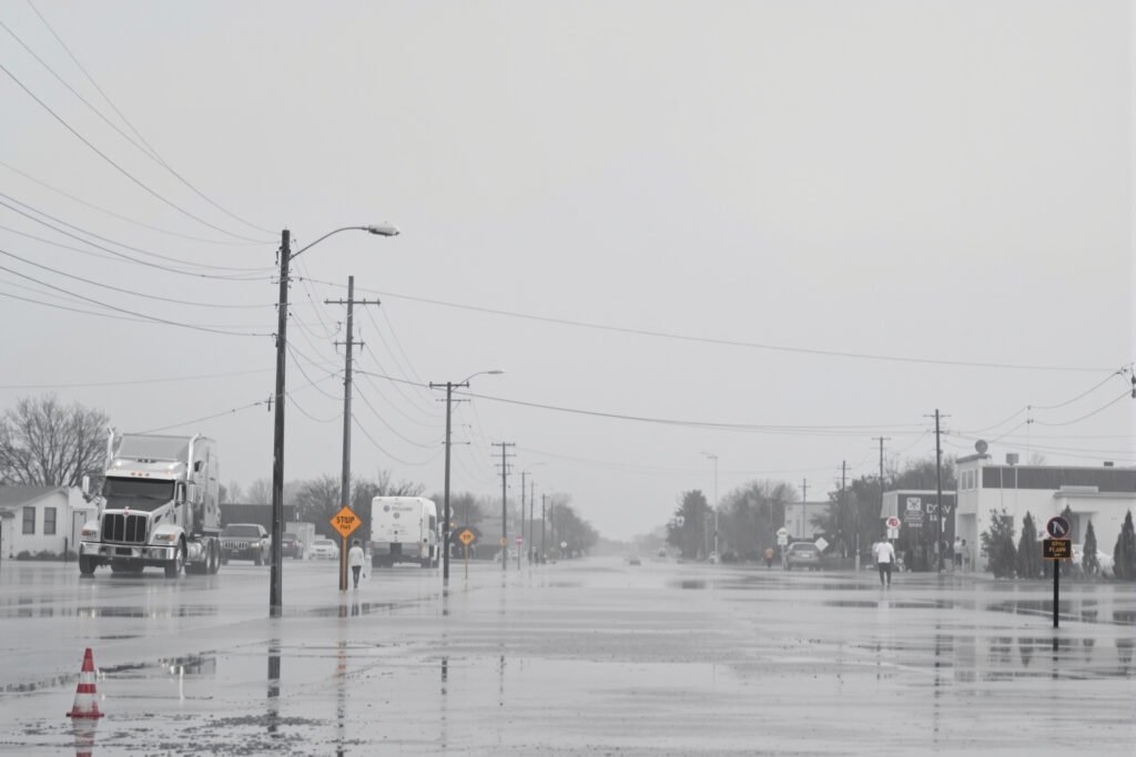Calle inundada en el Medio Oeste de Estados Unidos tras lluvias torrenciales.