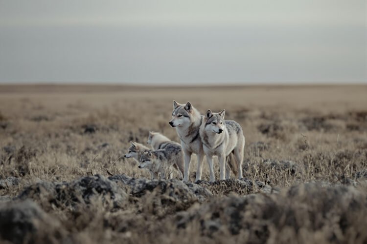 Manada de lobos en su hábitat natural, mostrando el comportamiento cooperativo de crianza colectiva.