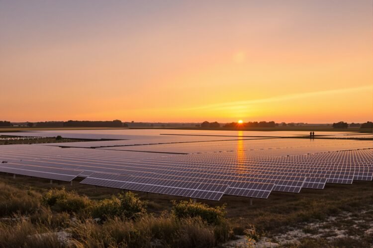 Granja solar de gran escala en paisaje texano bajo cielo despejado