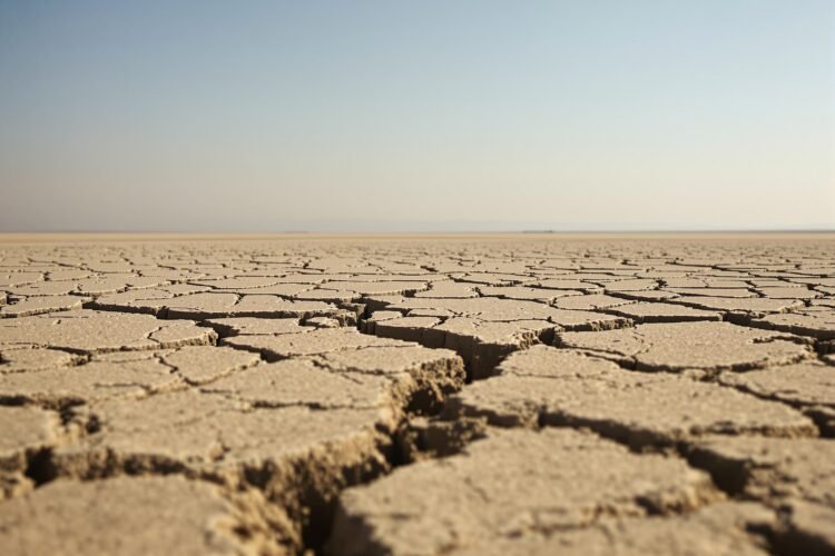 Paisaje árido con tierra agrietada bajo el sol intenso, representativo de olas de calor extremas en Europa.