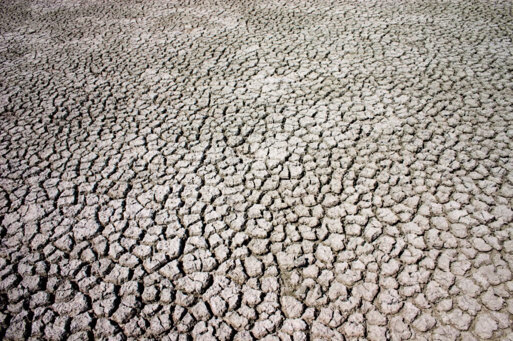 Tierra agrietada por sequía extrema en el sur de Estados Unidos bajo cielo despejado.