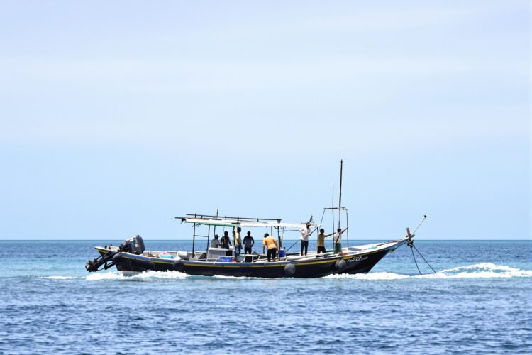 Pescadores artesanales en la costa del Caribe colombiano, región donde los wayuu protegen tiburones.