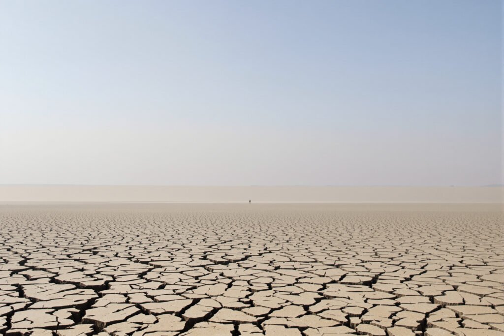 Lecho seco del río Danubio con tierra agrietada por la sequía extrema en Europa del Este.