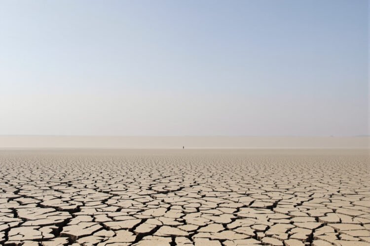 Lecho seco del río Danubio con tierra agrietada por la sequía extrema en Europa del Este.