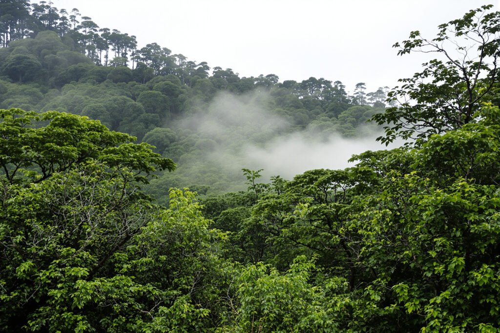 Bosque de neblina andino con árboles cubiertos de musgo y bromelias en las montañas de Perú.