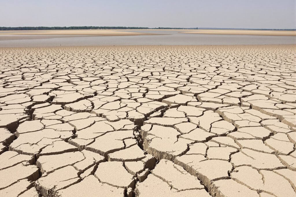 Lecho seco del río Danubio en Europa Central durante la sequía extrema de 2026.